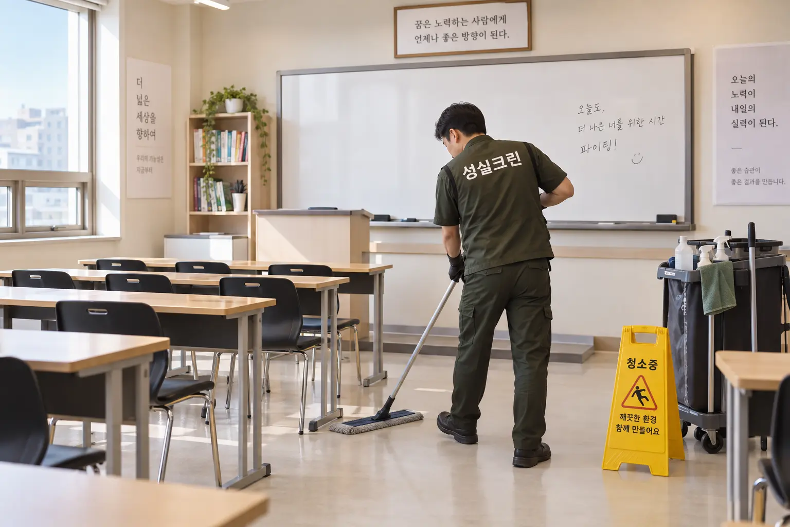 마포구 대흥동 학원청소 현장에서 책상과 칠판이 배치된 강의실의 바닥 먼지를 수업 전후로 정리하는 장면