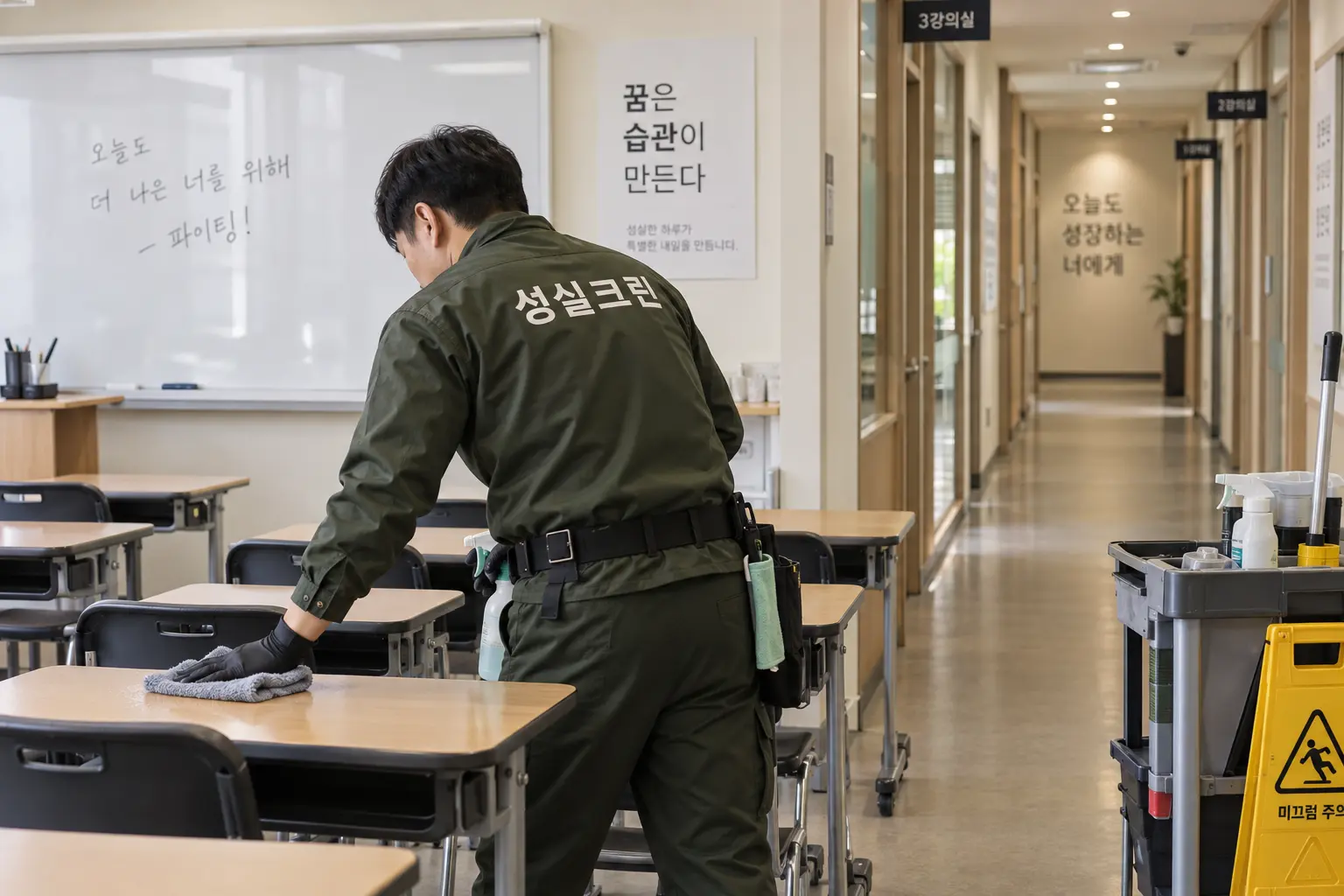 종로구 학원청소 현장에서 책상 상판과 의자 등 학생 손이 자주 닿는 부분을 닦아내는 장면