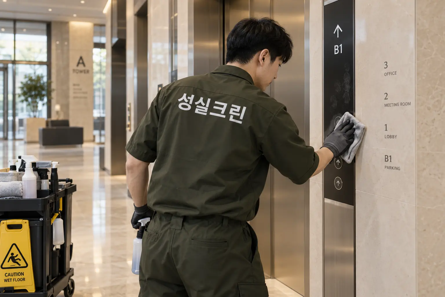 도봉구 건물청소 현장에서 승강기 문·버튼 주변과 로비 유리의 손자국을 세부 세척하는 장면
