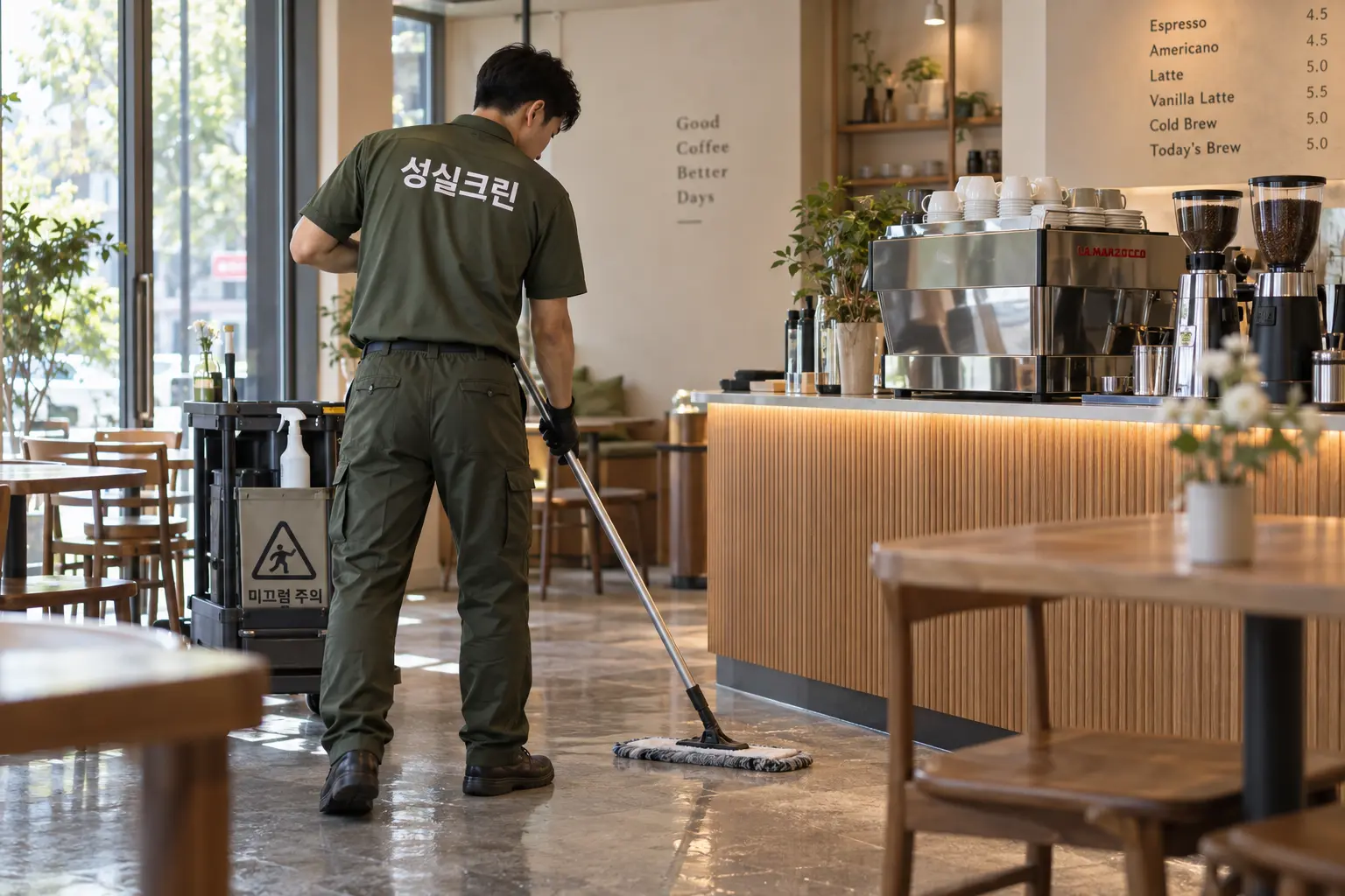 도봉구 카페청소 현장에서 에스프레소 머신 주변 작업대와 테이블의 커피 얼룩을 닦는 장면