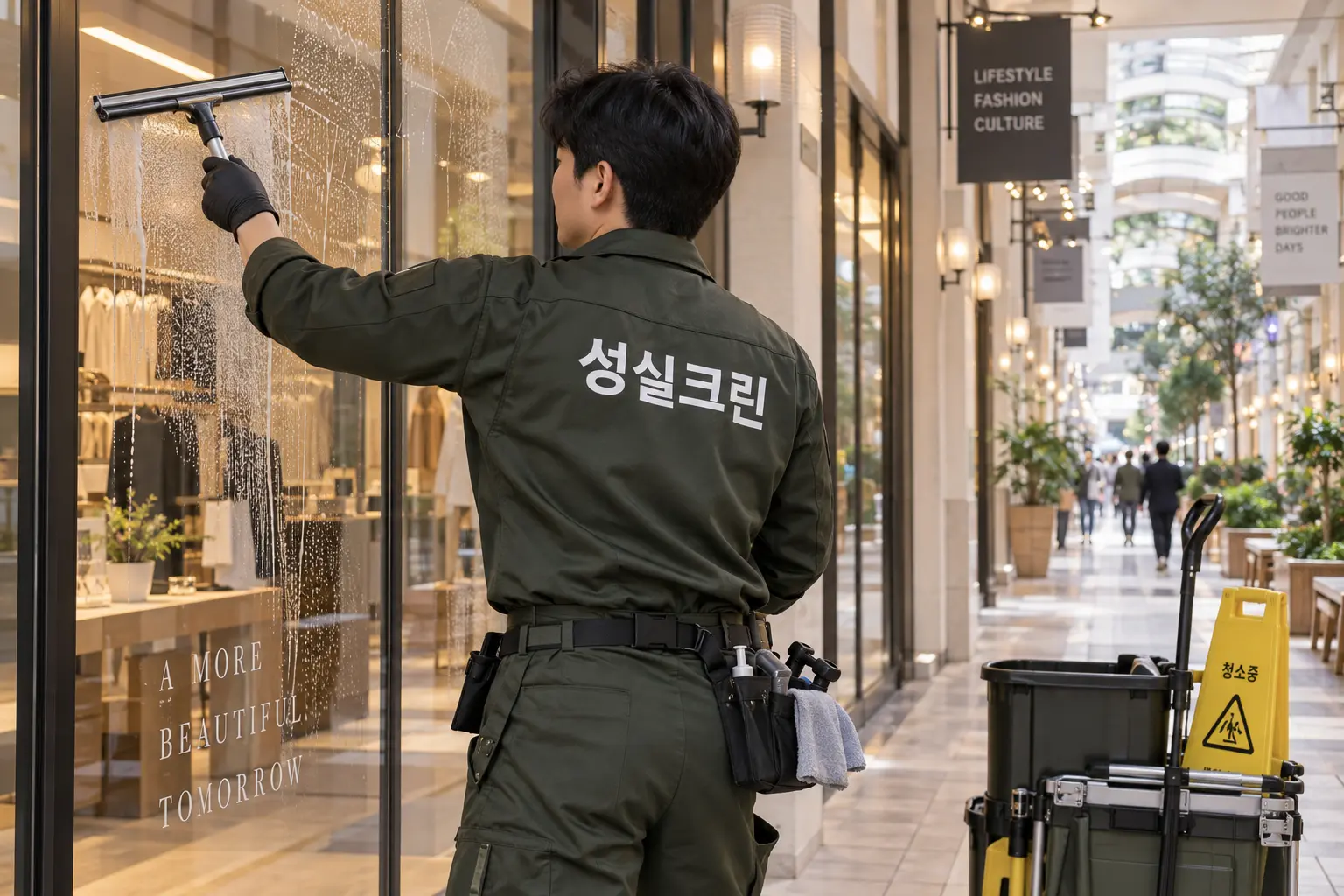 종로구 상가청소 현장에서 점포 전면 유리와 손잡이에 남은 손자국·먼지를 유리 전용 도구로 닦는 장면