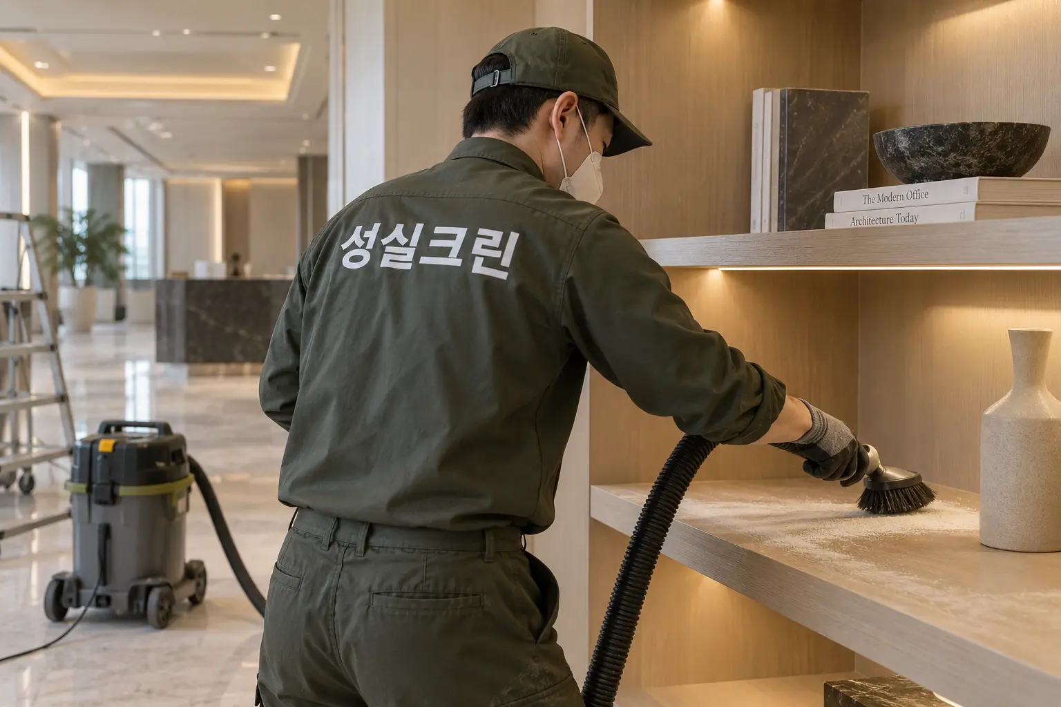 부산 준공청소 현장에서 수납장 안쪽·창틀·몰딩 위에 쌓인 공사먼지를 세부적으로 닦는 장면