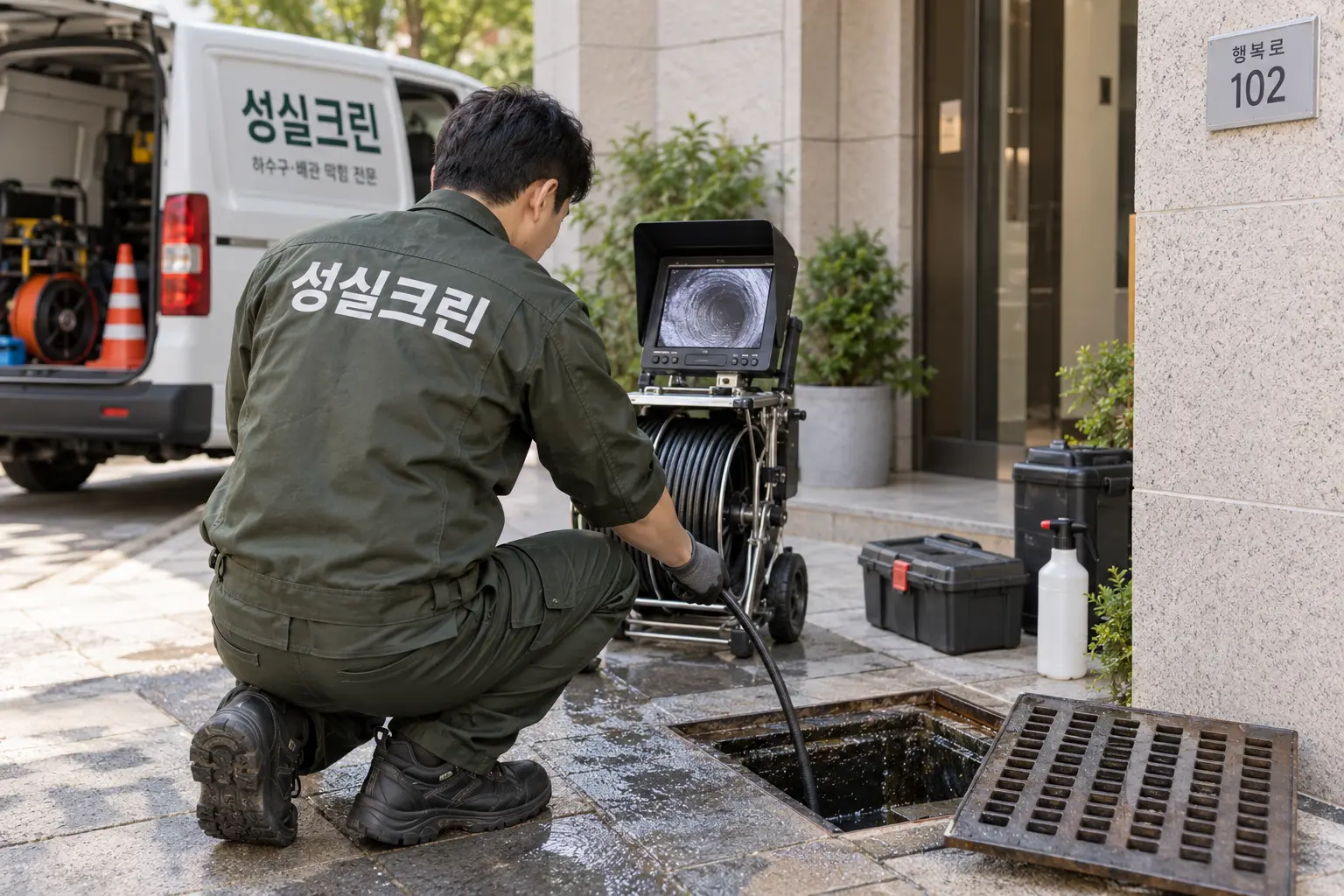 부산 배수관막힘 역류 하수구청소 현장에서 통수 상태를 시험한 뒤 역류 주변의 오염수와 바닥을 세척하는 장면