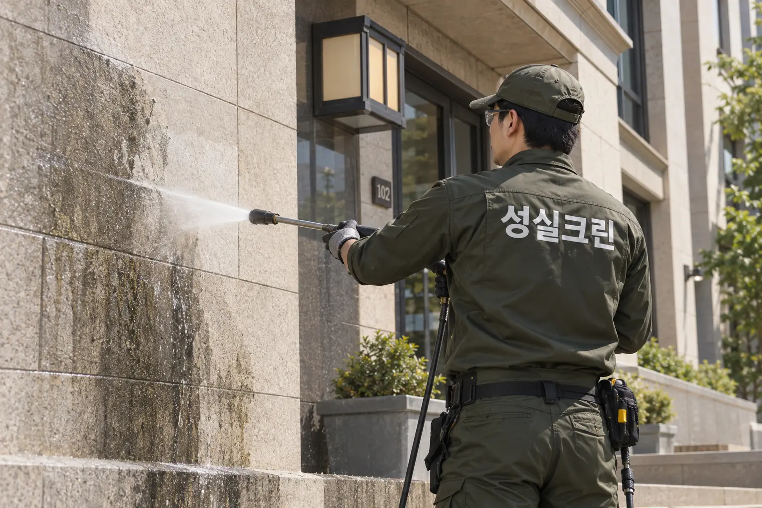 대구 건물외벽청소 현장에서 석재·타일 틈과 벽면의 빗물자국을 소재에 맞춰 제거하는 장면