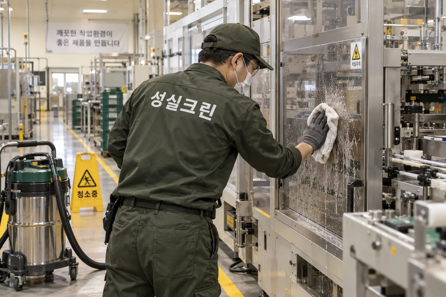 부산중구 중앙동 공장청소 현장에서 기계 외부와 안전펜스 주변에 쌓인 먼지를 설비에 무리가 없도록 닦는 장면