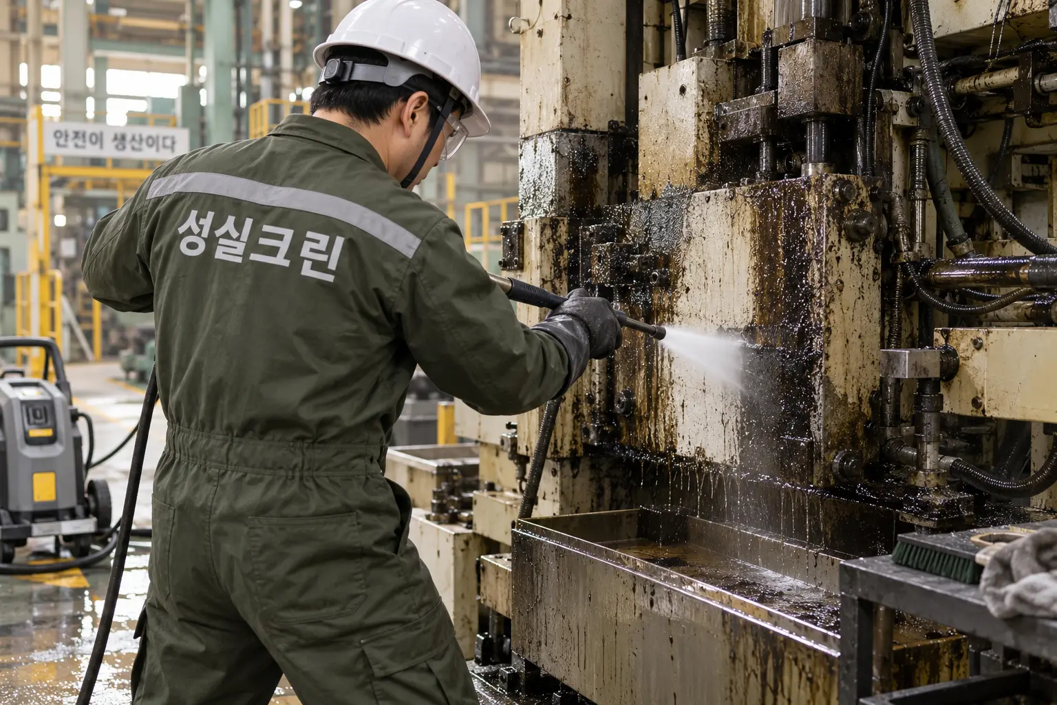 마포구 공장기름때청소 현장에서 기계 외부에 고착된 기름때를 전용 약제와 수작업 도구로 제거하는 장면