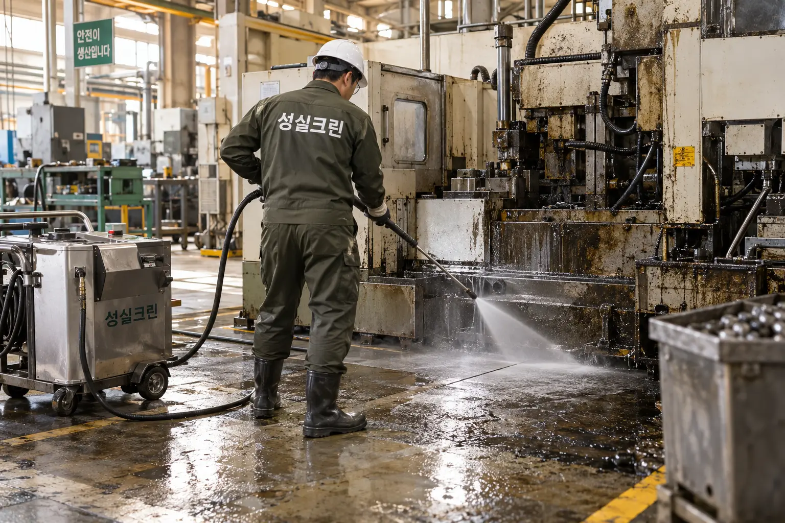 마포구 공장기름때청소 현장에서 바닥의 유분을 산업용 장비로 세척·회수해 미끄럼 위험을 줄이는 장면