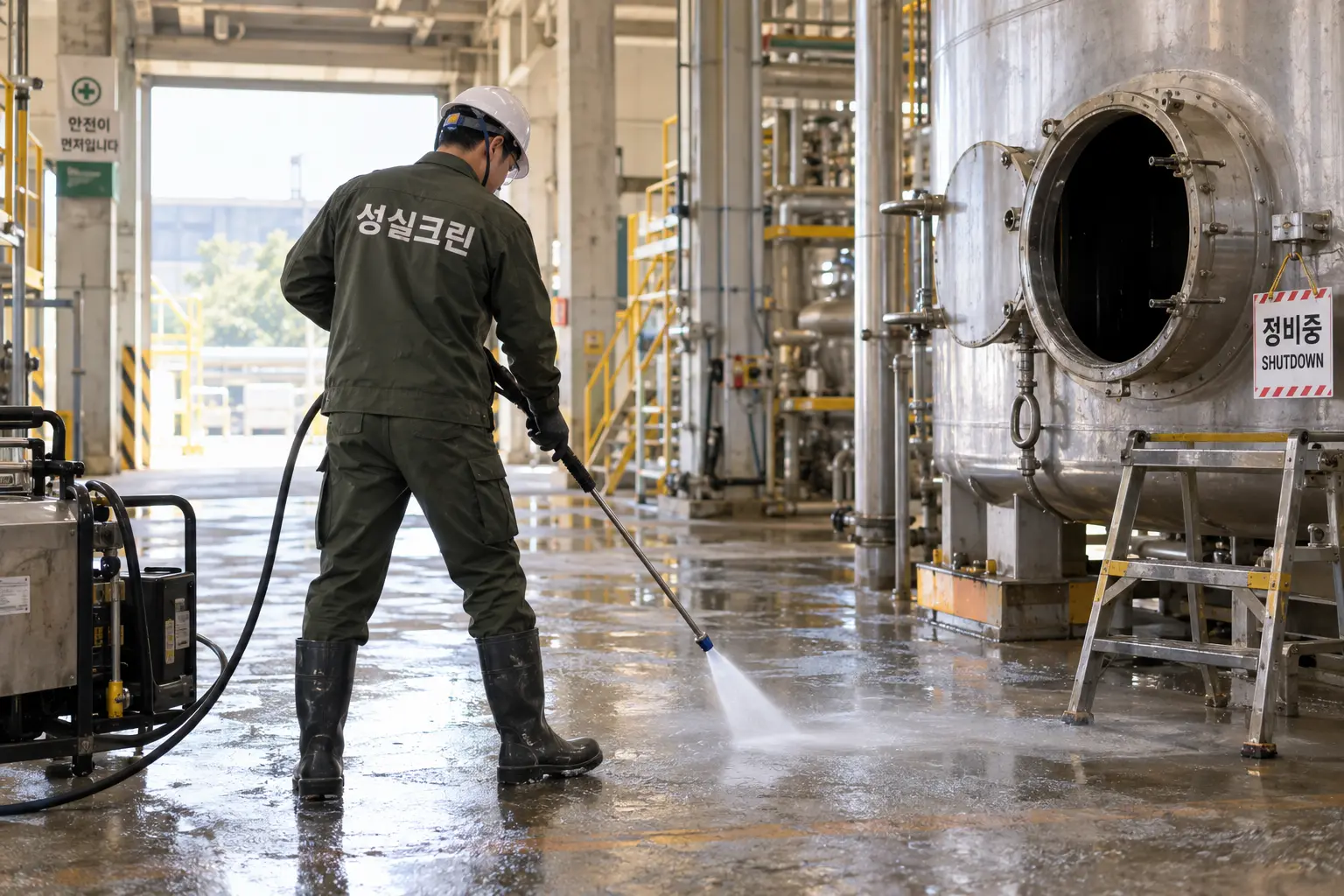 대구북구 공장청소 현장에서 공장 가동 중단 시간에 생산동 전체 오염을 집중 제거하는 장면