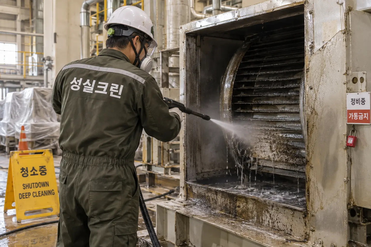 대구북구 공장청소 현장에서 설비 주변과 작업대 외부의 고착 먼지·찌든 때를 세부 세척하는 장면
