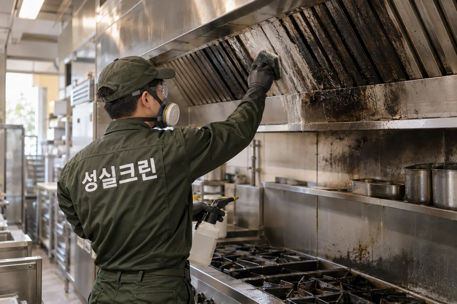 부산 화재청소 현장에서 후드·벽면·스테인리스 표면에 붙은 검댕을 전용 약제로 닦는 장면