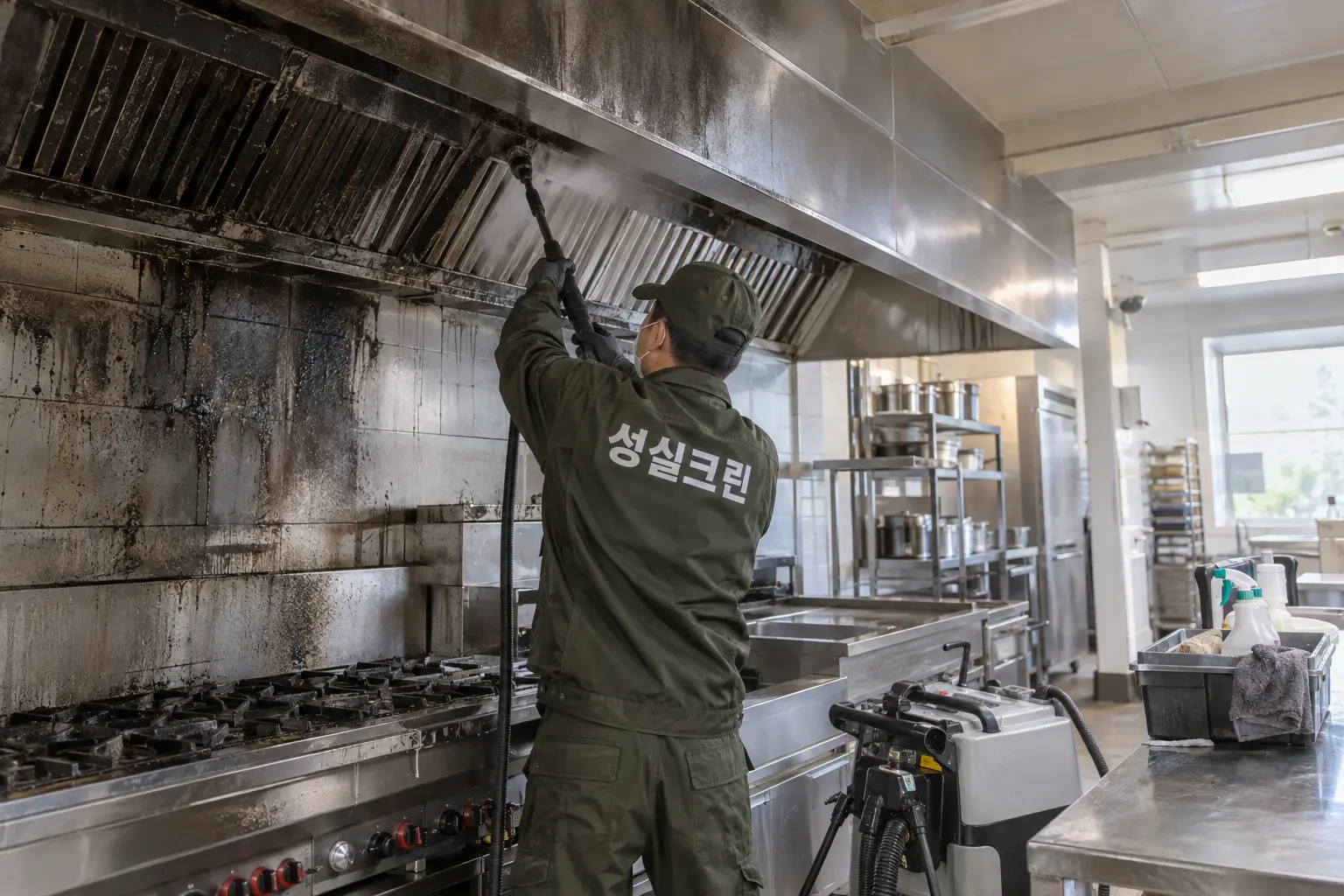 부산 화재청소 현장에서 바닥과 설비 외부의 탄화 분진을 회수하고 잔여 그을음을 재확인하는 장면