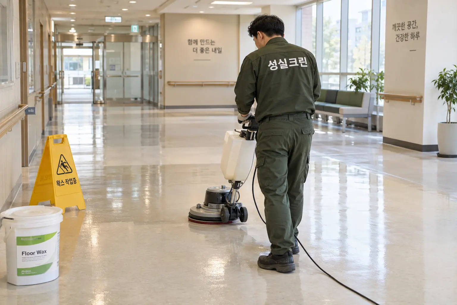 대구 바닥왁스코팅 현장에서 건조 후 광택과 도막 상태를 확인해 통행 가능 시점을 안내하는 장면
