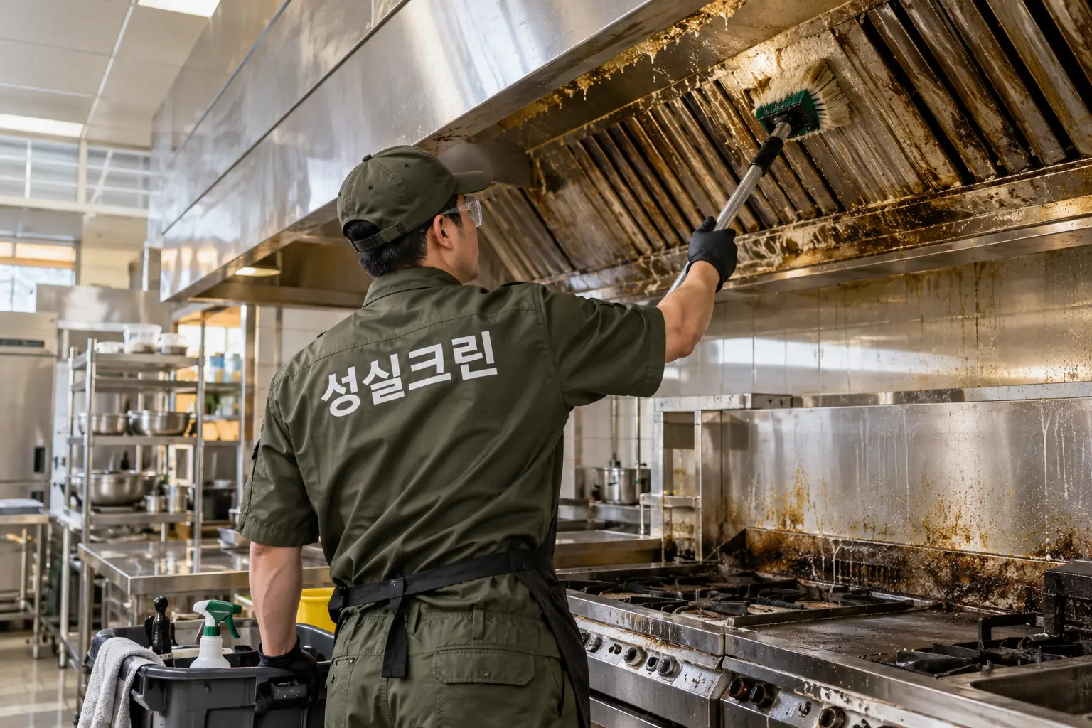 천안 기름때청소 현장에서 기름때가 누적된 주방 후드와 벽면의 상태를 확인하는 장면