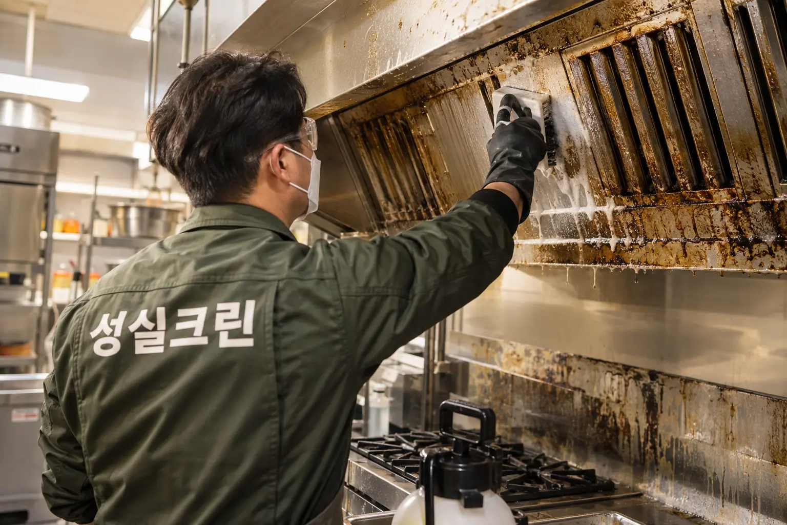 부산 기름때청소 현장에서 눌어붙은 기름막을 전용 약제로 불린 뒤 스크러버로 분리하는 장면