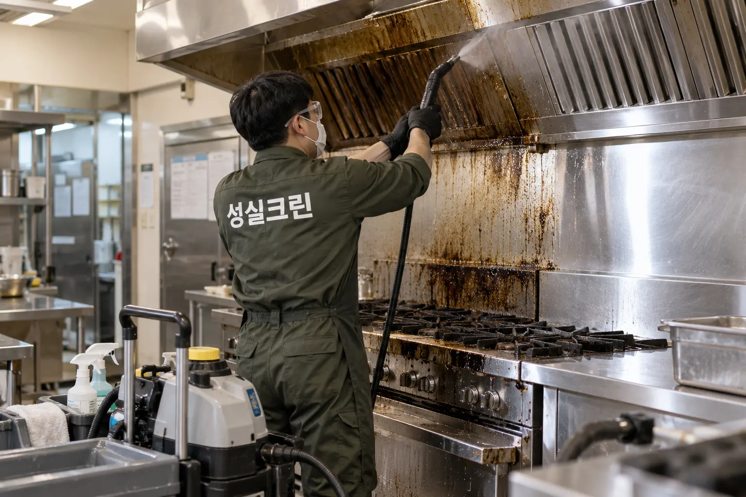 부산 기름때청소 현장에서 작업대와 바닥에 남은 유분·약제를 세척하고 잔여 끈적임을 점검하는 장면