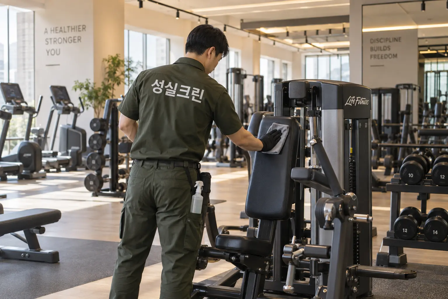 마포구 대흥동 휘트니스시설청소 현장에서 운동기구가 배치된 헬스장 바닥과 이동통로를 청소하는 장면