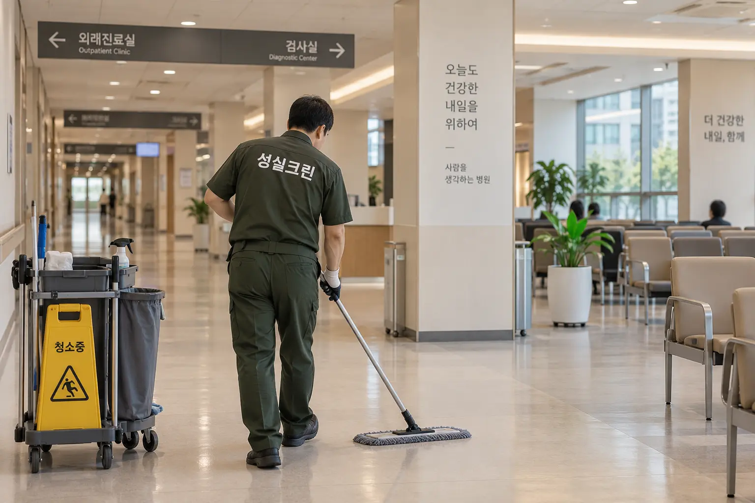 동대문구 병원청소 현장에서 진료실과 대기실로 이어지는 병원 복도의 바닥과 이동 동선을 관리하는 장면