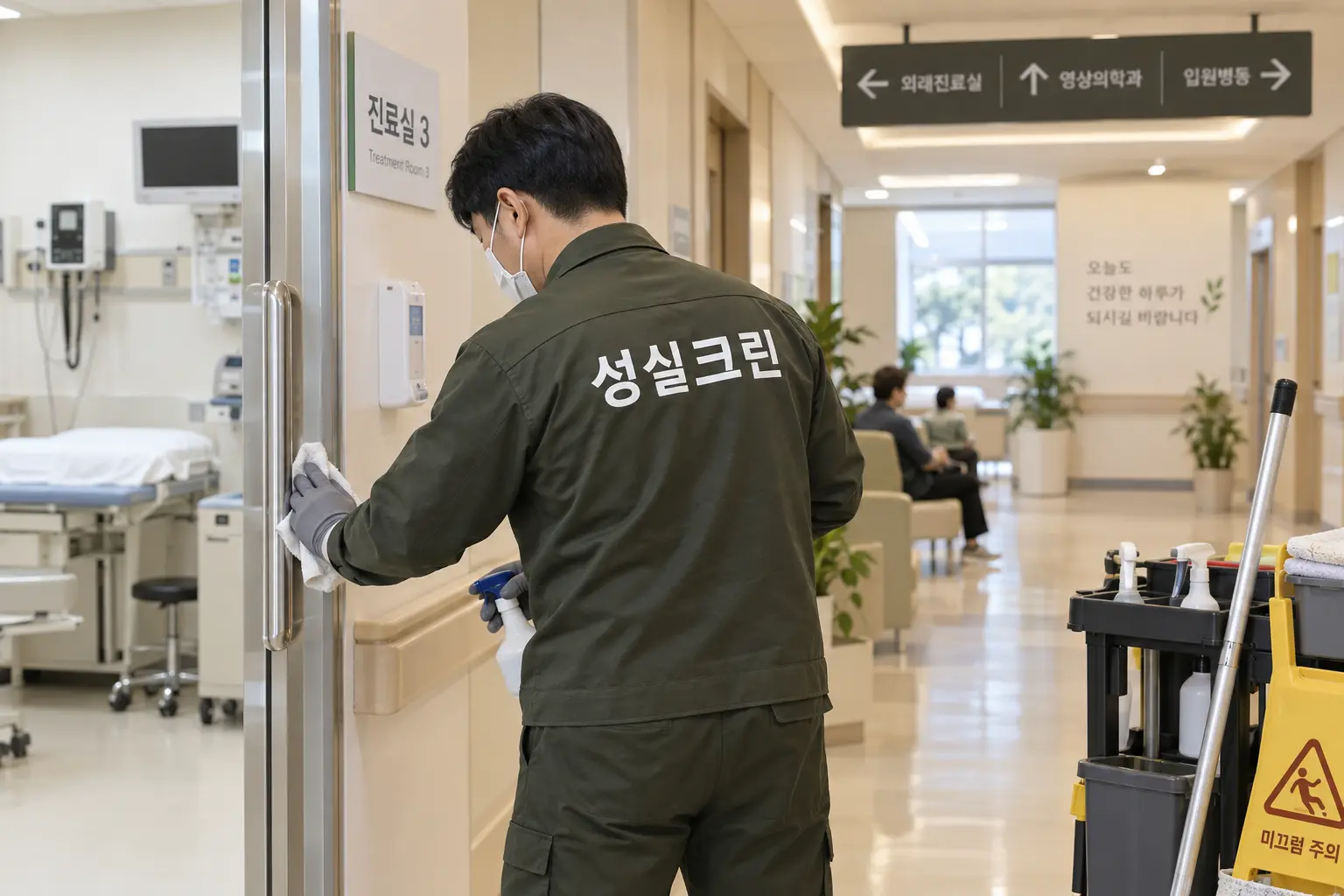 종로구 병원청소 현장에서 접수대·대기의자처럼 환자와 보호자가 자주 접촉하는 표면을 구분 도구로 닦는 장면
