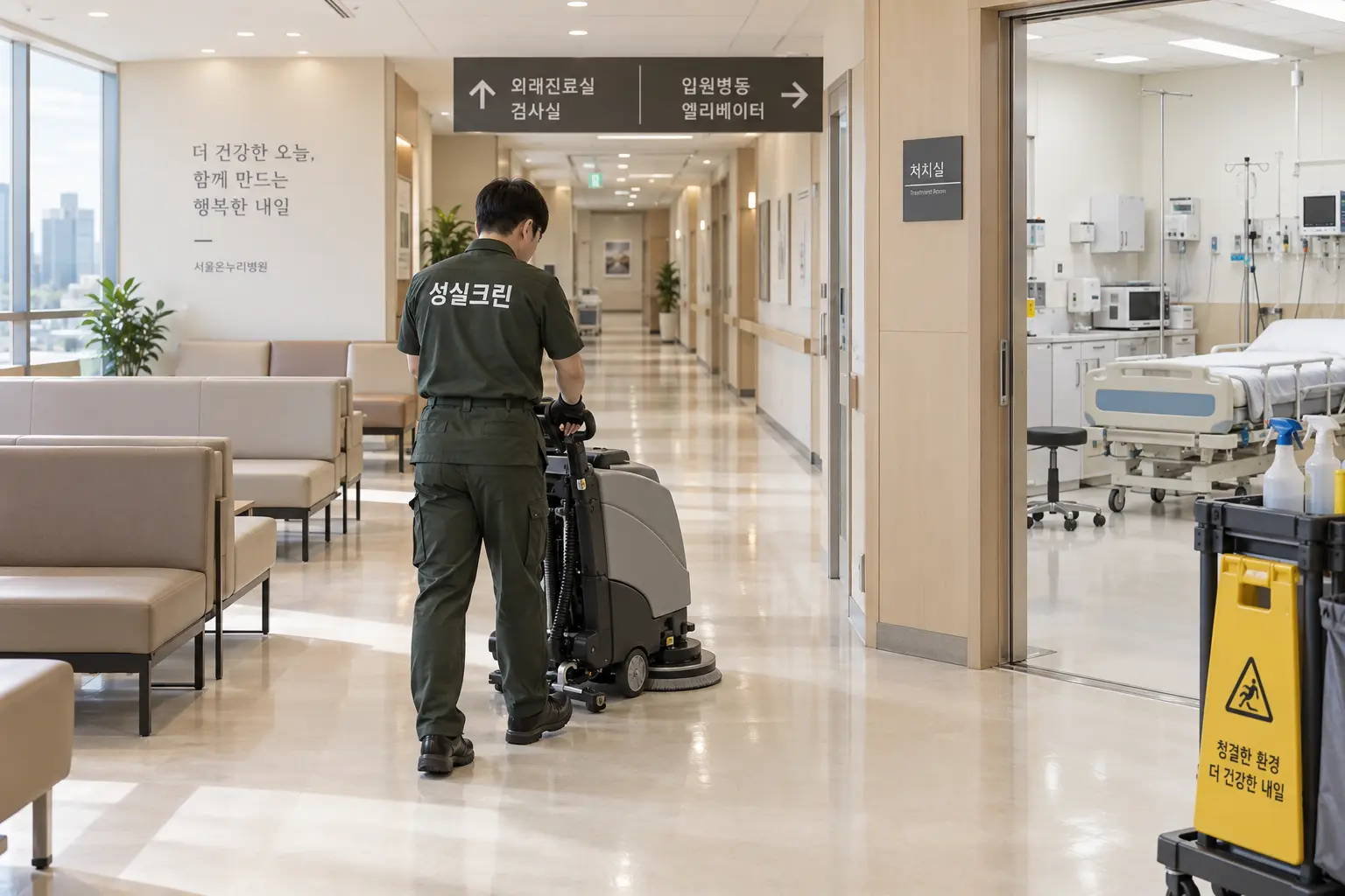 종로구 병원청소 현장에서 병원 복도 바닥을 저소음 장비로 세척하고 물기까지 회수하는 장면