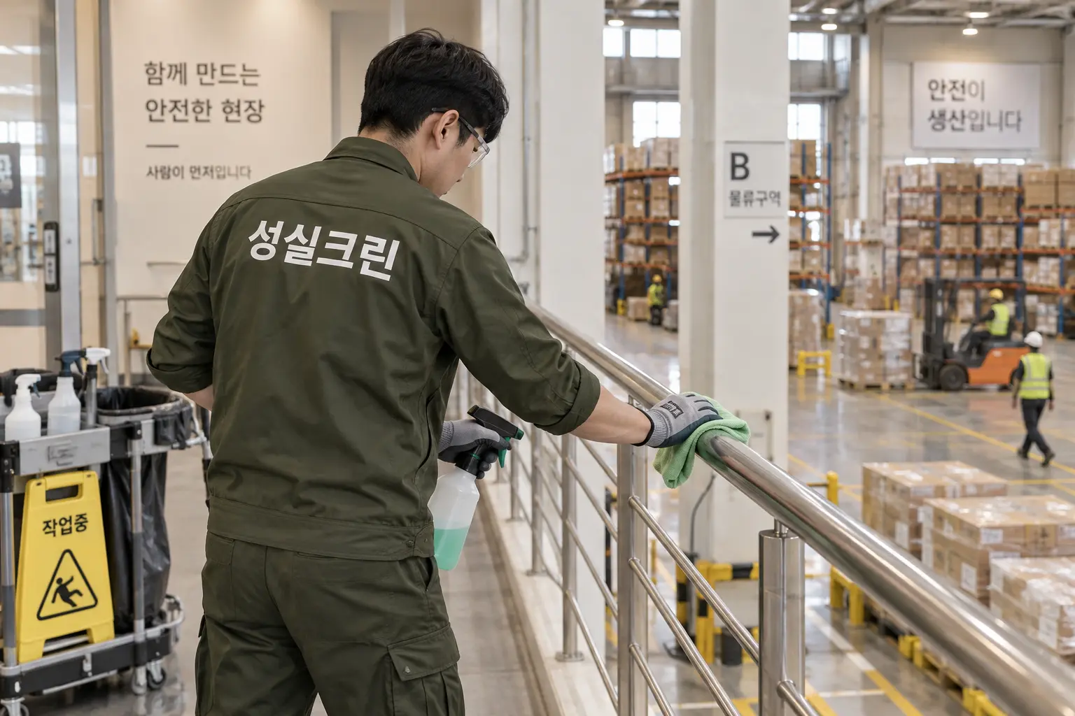 부산 산업단지청소 현장에서 적재구역·안전펜스·설비 외부의 산업분진을 세부적으로 제거하는 장면