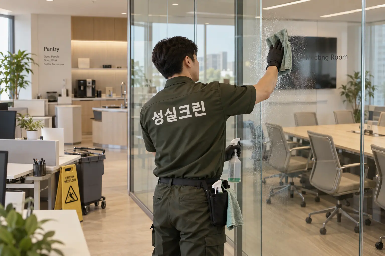 도봉구 사무실청소 현장에서 유리 파티션과 손이 자주 닿는 회의실 표면의 얼룩을 세부적으로 닦는 장면