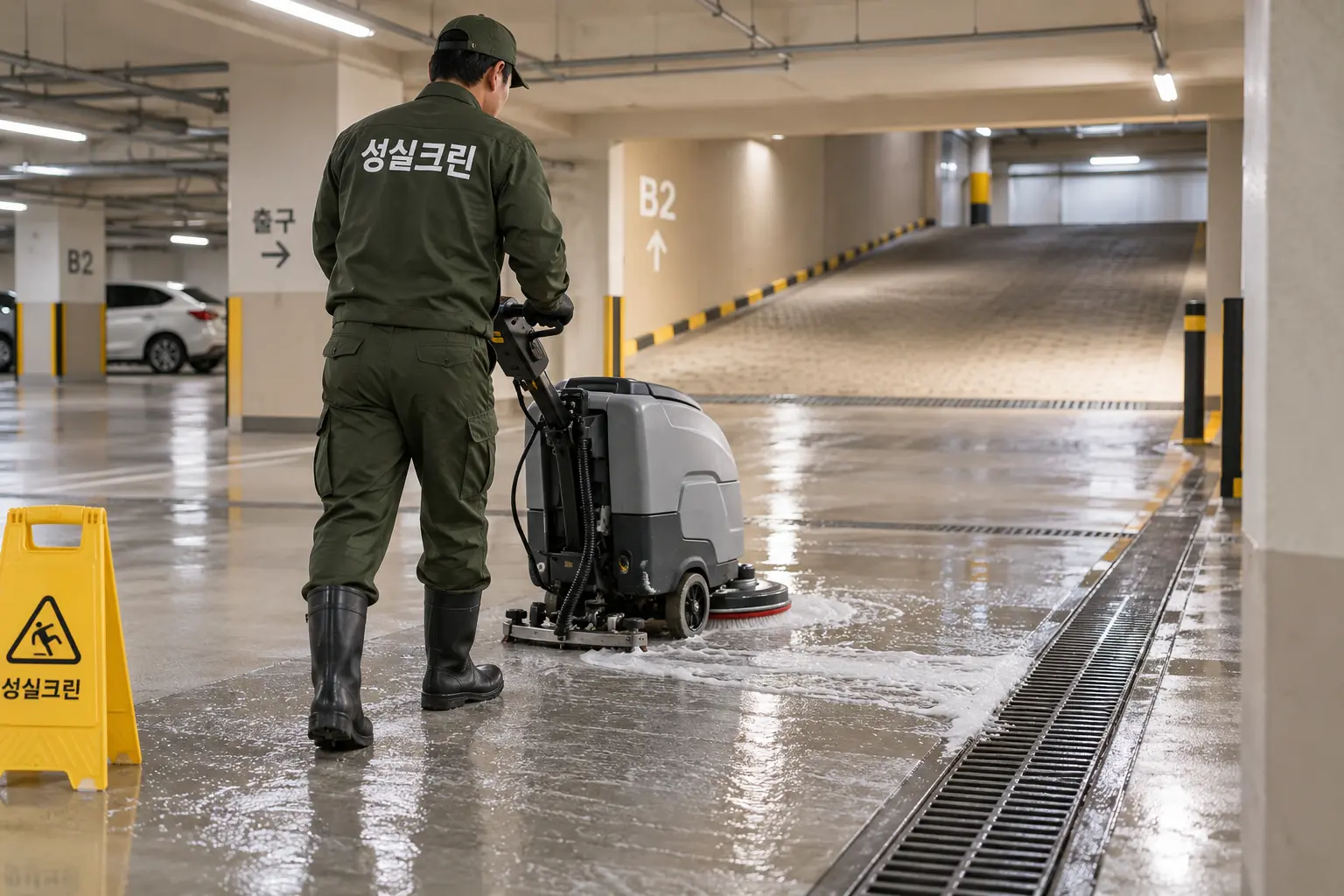 도봉구 주차장청소 현장에서 차량 동선을 구분한 뒤 넓은 주차장 바닥의 오염수를 장비로 회수하는 장면