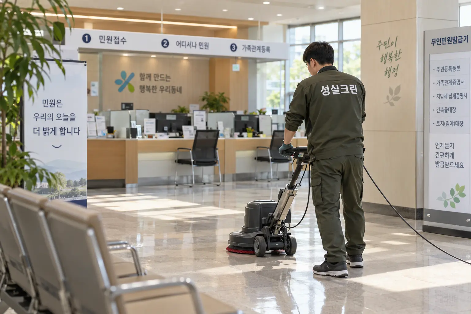 마포구 망원동 관공서청소 현장에서 민원실과 안내창구가 있는 관공서 공용공간을 관리하는 장면