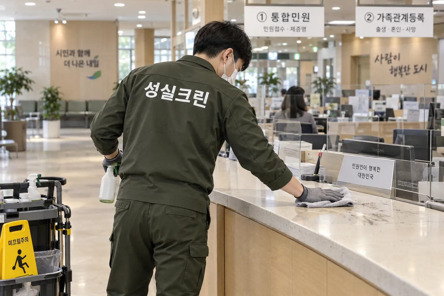 도봉구 관공서청소 현장에서 민원대·대기의자·출입문처럼 이용 빈도가 높은 접촉면을 닦는 장면