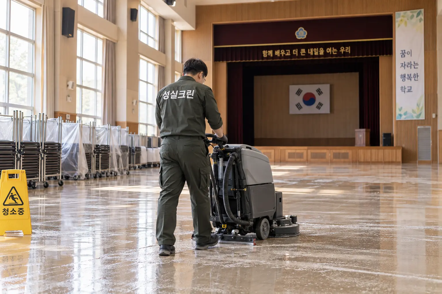 성북구 관공서 학교 청소 현장에서 학교 강당과 관공서 대형 공용공간을 휴관일에 집중 청소하는 장면