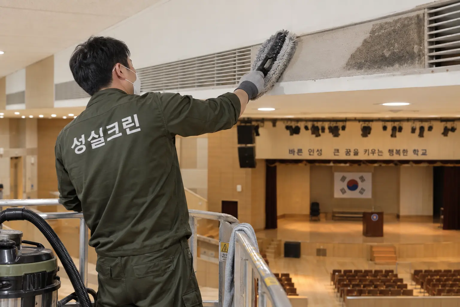 대구 관공서 학교 청소 현장에서 의자·무대 주변·민원시설 접촉면을 구역별로 세부 관리하는 장면