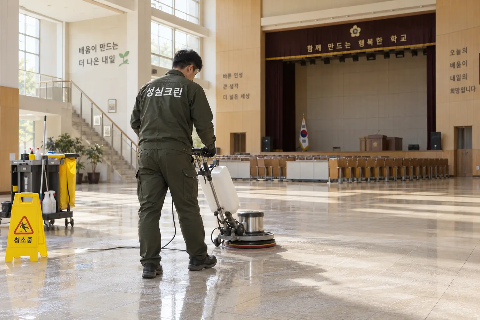 대구 관공서 학교 청소 현장에서 넓은 홀과 복도 바닥을 장비로 세척해 재개방 전 상태를 정돈하는 장면