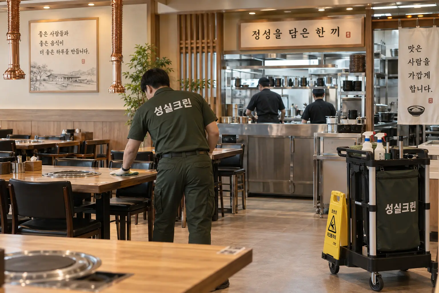 마포구 아현동 식당청소 현장에서 식당 홀과 주방 출입구의 바닥 오염을 영업 전후로 관리하는 장면