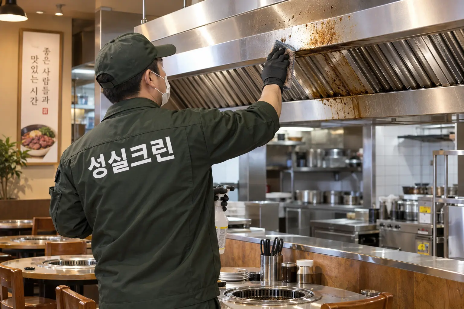 종로구 식당청소 현장에서 테이블·집기 외부와 주방 작업대 주변의 음식물 흔적을 닦는 장면