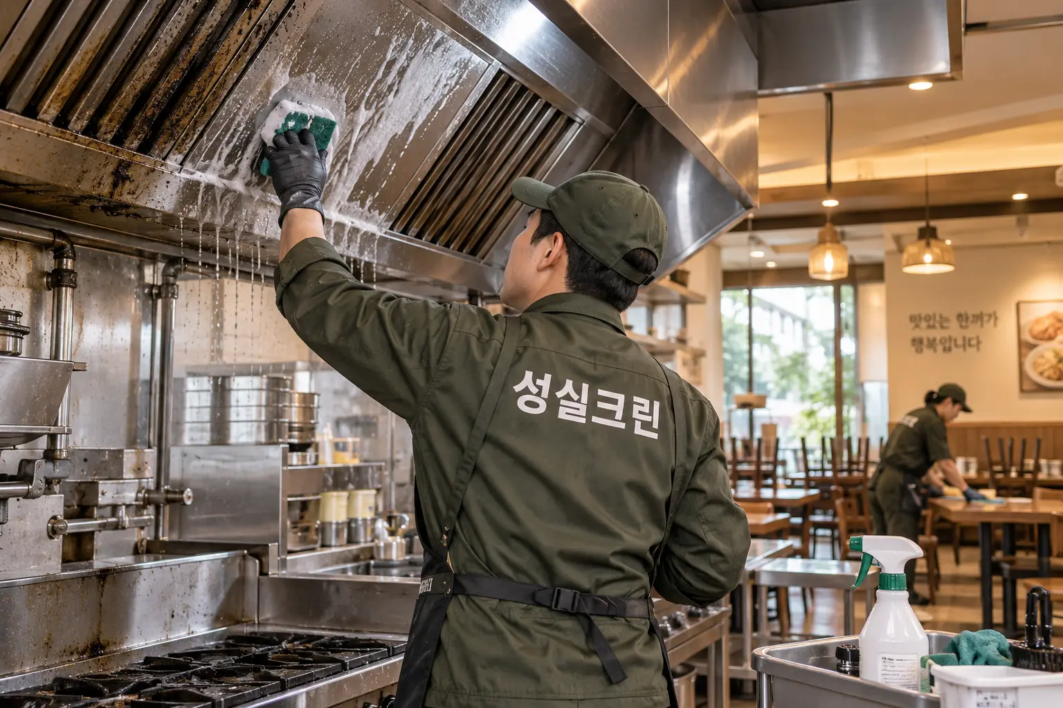 마포구 식당청소 현장에서 후드 외부·벽면·조리대 주변의 기름때를 전용 약제로 불려 닦는 장면
