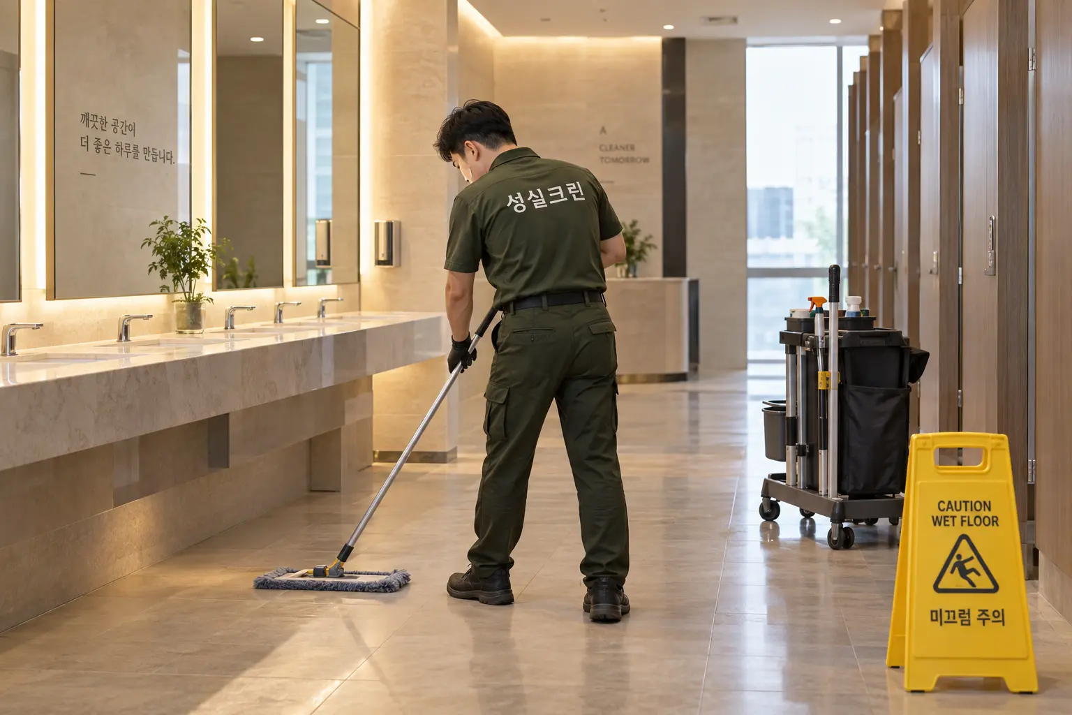 마포구 아현동 화장실청소 현장에서 공용화장실의 세면대와 바닥을 구역 전용 도구로 세척하는 장면