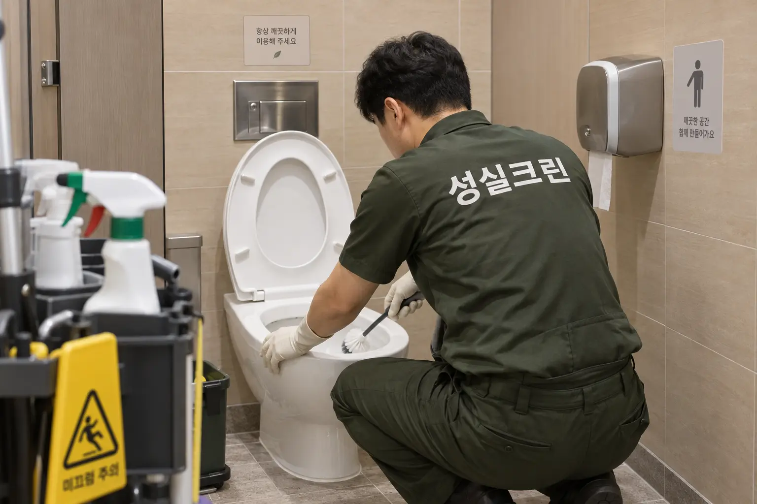 구로구 화장실청소 현장에서 변기 안쪽과 림, 외부 표면을 전용 브러시와 위생도구로 꼼꼼히 세척하는 장면