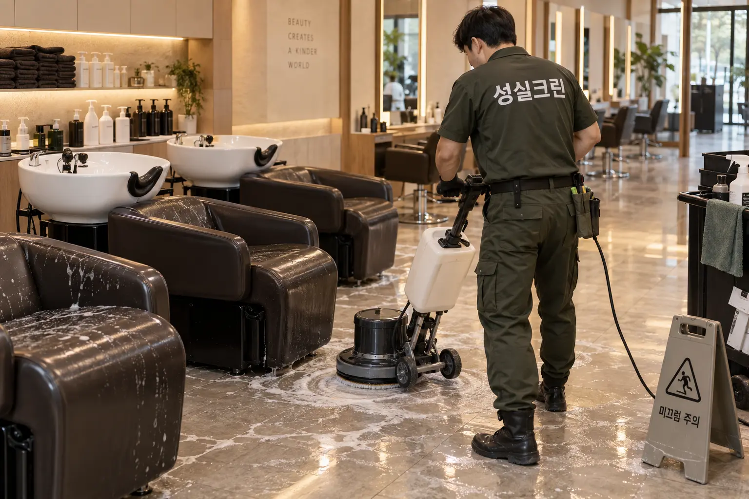 도봉구 미용실청소 현장에서 거울·의자·작업대에 남은 미세 모발과 제품 흔적을 닦는 장면