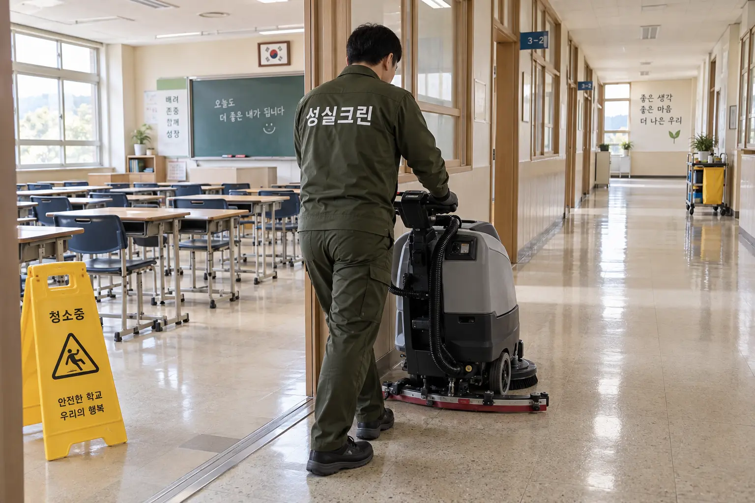도봉구 학교청소 현장에서 교실과 공용복도를 장비로 세척하고 수업 전 건조 상태를 확인하는 장면