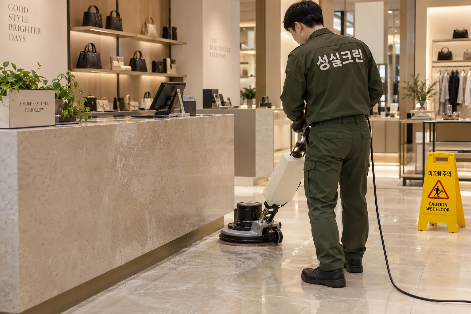 도봉구 매장청소 현장에서 상품 진열장·카운터·유리 표면의 먼지와 손자국을 닦는 장면