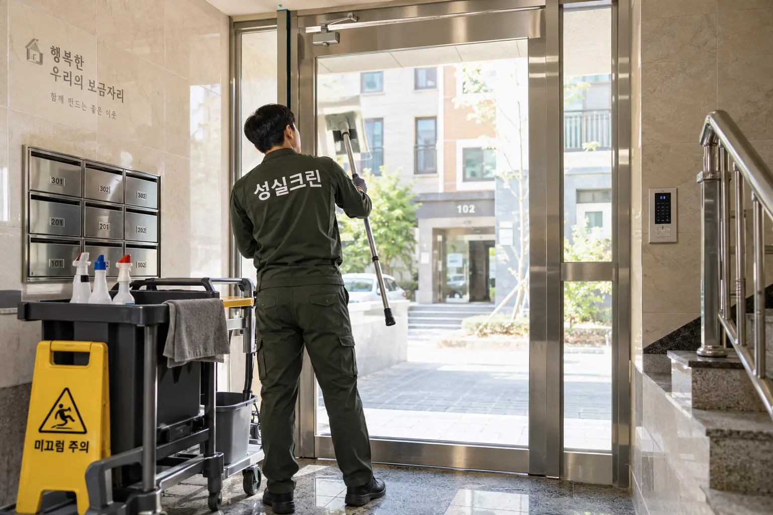 중랑구 빌라청소 현장에서 빌라 공동현관과 우편함 주변의 먼지와 바닥 오염을 정리하는 장면