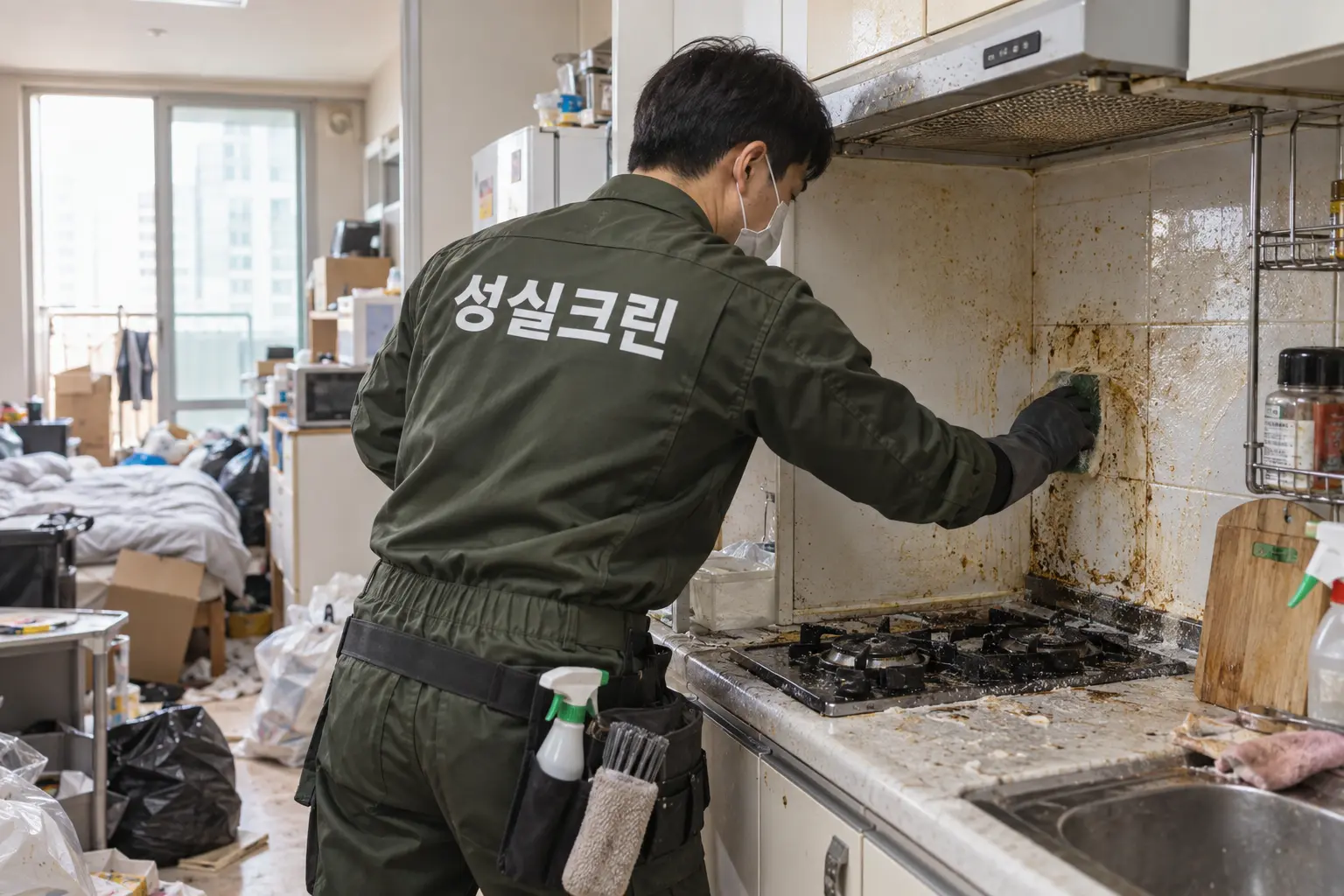 부산 쓰레기집청소 유품정리 고독사정리 현장에서 주방과 생활공간에 남은 오염을 보호장비와 전용도구로 제거하는 장면